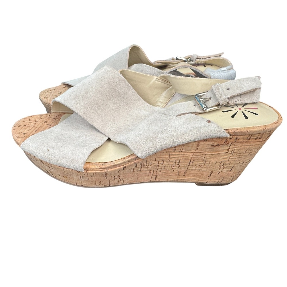Isaac Mizrahi Live‎ Taupe Suede Cork Wedge Sandals 7.5W Slingback Platform Shoes